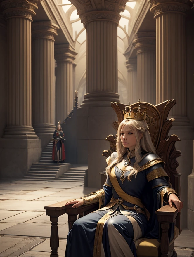 Generate  a picture of  In the silent throne room of Arendor, A Queen and  an ager Princess sitting on their thrones side by side. .