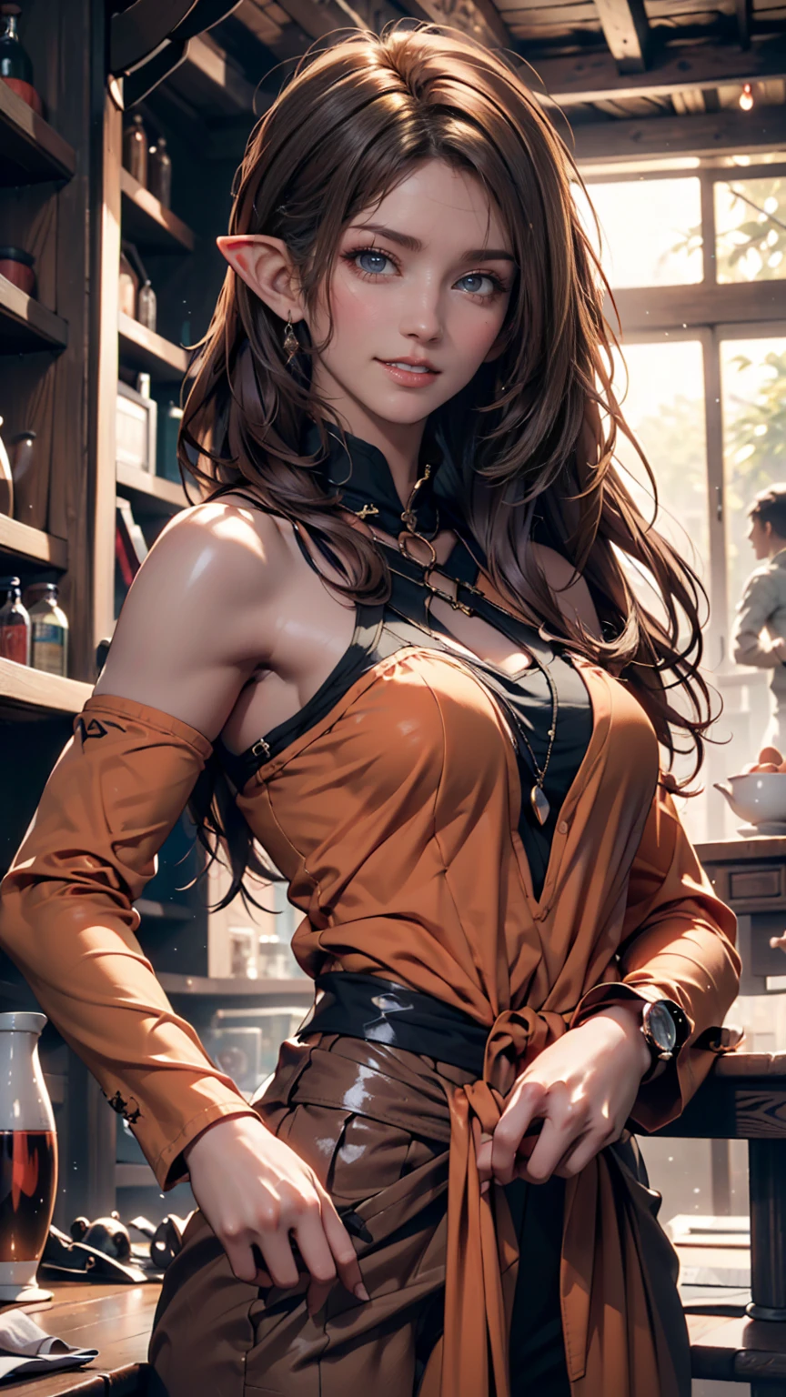 ((Top Quality))) (((high resolution))) (((8k))) (characters) 20 year old girl, ((Adventurous)) elf, ((beautiful))  ((happy)), ((brown hair))  ((long hair)).、sexy proportions、constricted waist、place your hands on your hips、smile