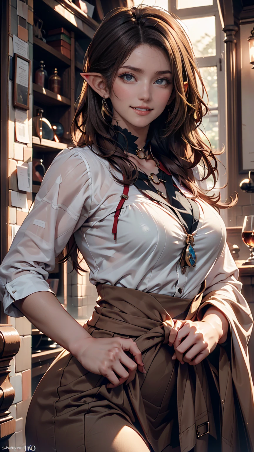 ((Top Quality))) (((high resolution))) (((8k))) (characters) 20 year old girl, ((Adventurous)) elf, ((beautiful))  ((happy)), ((brown hair))  ((long hair)).、sexy proportions、constricted waist、place your hands on your hips、smile