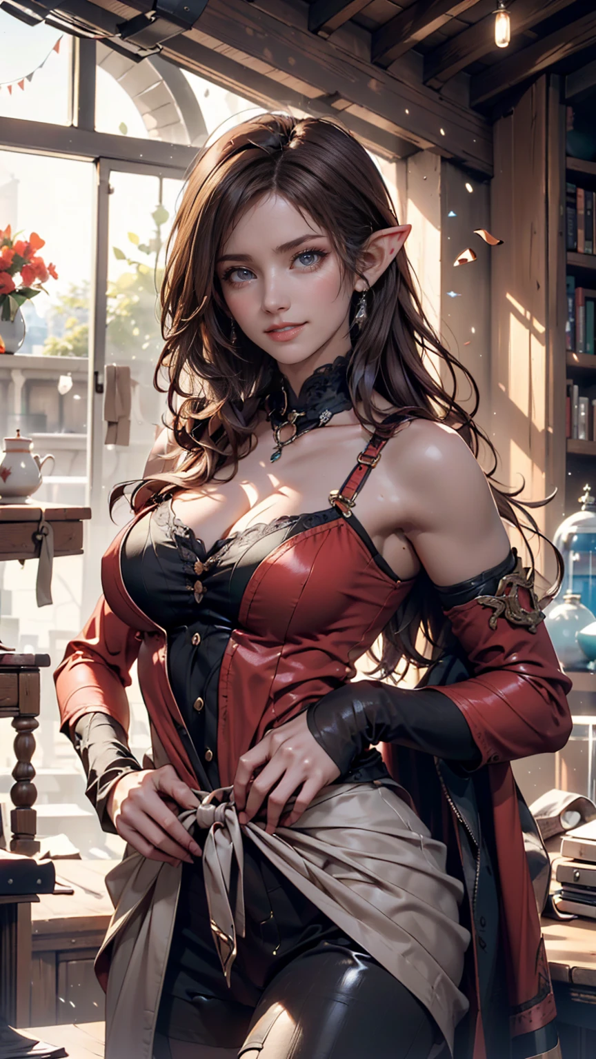 ((Top Quality))) (((high resolution))) (((8k))) (characters) 20 year old girl, ((Adventurous)) elf, ((beautiful))  ((happy)), ((brown hair))  ((long hair)).、sexy proportions、constricted waist、place your hands on your hips、smile