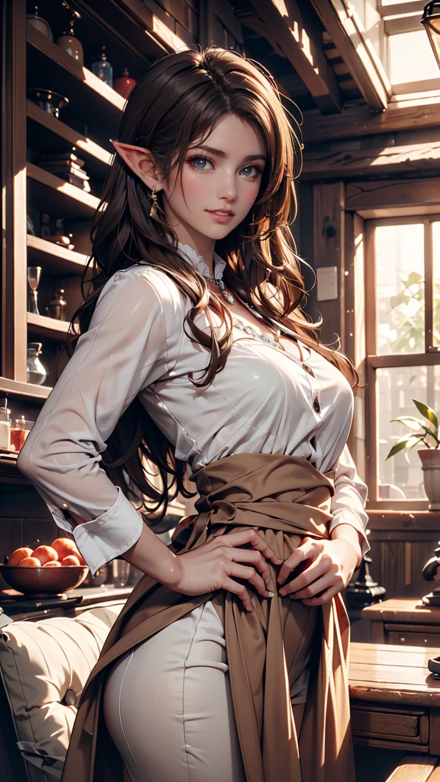 One girl, alone, Brown eyes, Brown Hair, Long Hair, A light smile, earrings, Frilled Skirt, Green Skirt, High Waist Skirt, Puff short sleeves, thin, thin, (Japanese:0.8)、Sexy proportions、Cleavage Emphasis、Nipple Emphasis、Off-the-shoulder tops