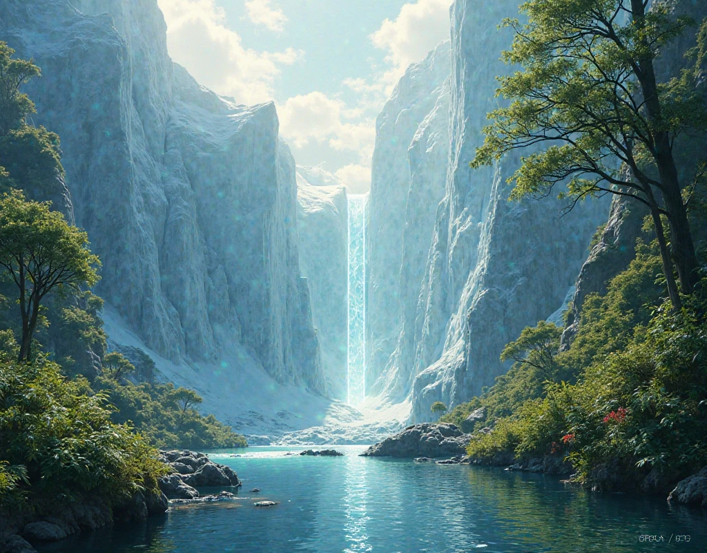Dreamlike, surreal landscape merging icy Antarctic terrain with a vibrant prehistoric rainforest. Snow-covered cliffs and glaciers on one side dissolve into lush ferns, towering conifer-like trees, and ancient flora on the other. A soft, flowing time-warp ripple splits the scene, symbolizing a journey through epochs. Mist and glacial fog blend with humid rainforest vapor, creating a mysterious fusion of climates. Sunlight refracts across the divide, hinting at lost eras. Hyper-realistic, ultra-detailed, cinematic composition. Rendered in a fine art surrealism style with dreamlike lighting and atmospheric textures. Shot with digital matte painting techniques, inspired by James Webb color palettes.