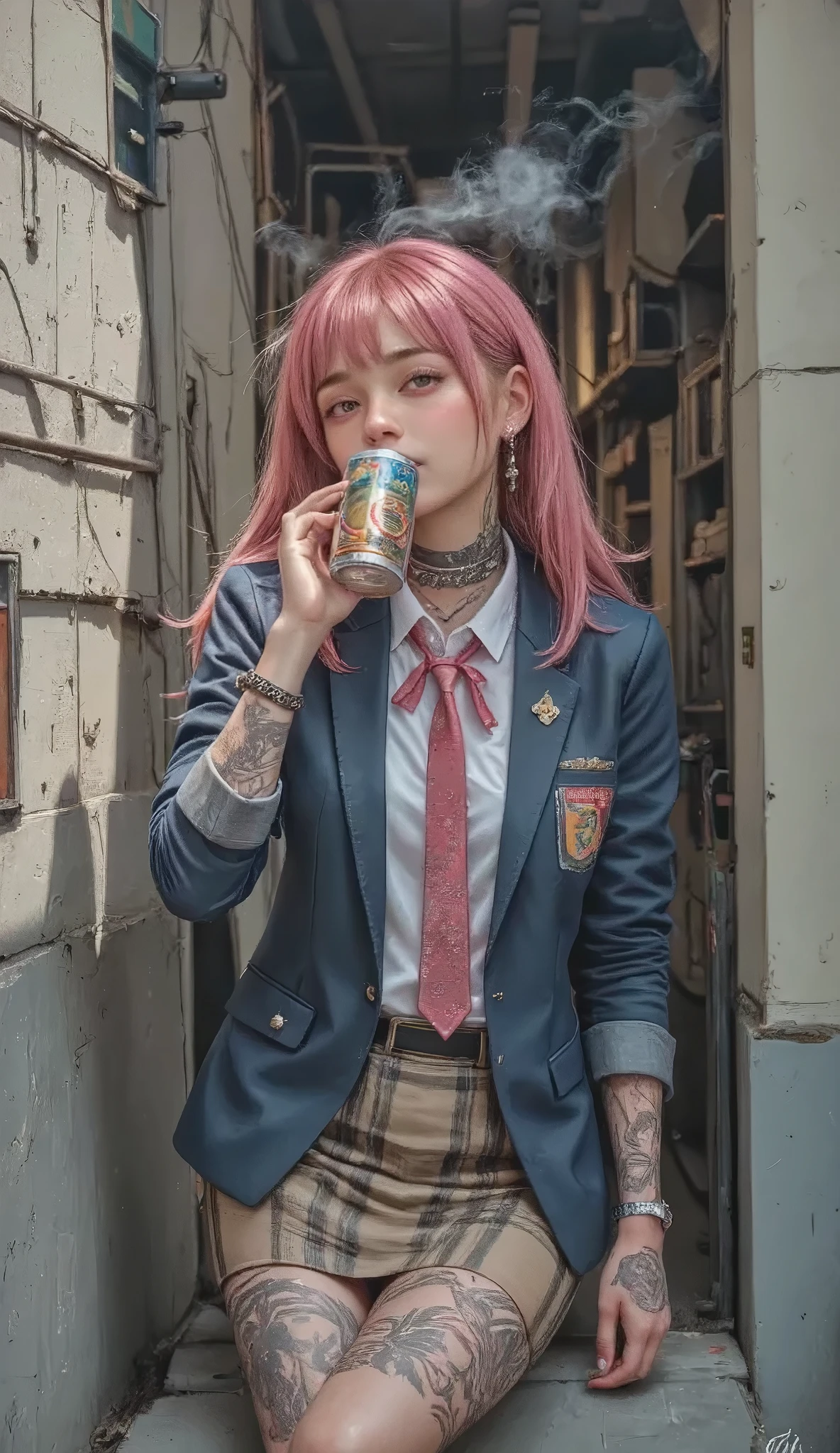 ((real mix、 ultra high definition image 、Top Quality、masterpiece))、((Wear a Japanese girls' high school、white thin fabric short sleeve blouse、red ribbon tie、check mini skirt))､((Beautiful Japanese  girl、long hair dyed pink、pretty face、二重eyelidの大きな目、アヒルのlips、厚いlips))、((slender figures、Round and beautiful breasts、constricted waist、long legs、Long arms))、(((Realistically accurate depictions with all detailed details、(lots of earrings、nose、ear、lips、eyelid:2.0)、Mr.々Accessories、( Beautiful Tattoo 、bold tattoo:2.0)、))、(((He holds Japanese canned beer in his left hand、Draw canned beer realistically and accurately、I'm picking a cigarette with my right hand and smoking、Real cigarette smoke、喫煙するMr.子をリアルに正確に描く、Bad attitude、Sit at the desk、Smoking with feet on a desk - smoking、smoke - smoke:2.2)))､((((Beautiful high school girl smoking cigarettes, drinking canned beer, and relaxing、Draw smoky cigarettes realistically and accurately))))