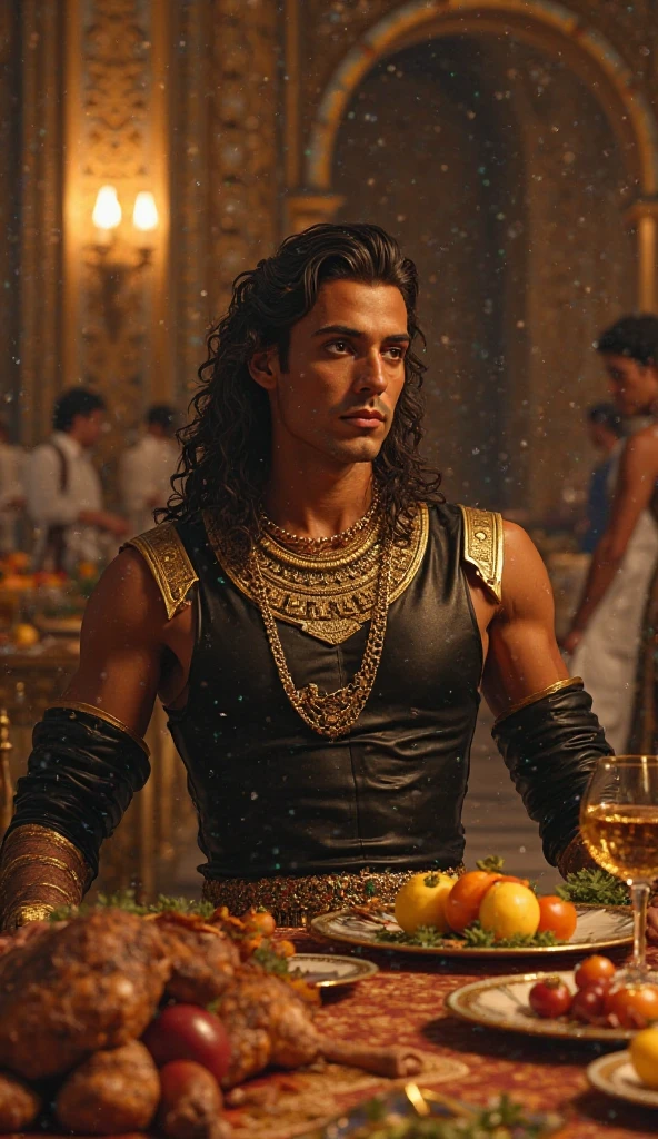 Depict Atum emerging from the chaotic waters of Nun in Egyptian mythology. Atum is a male figure, around 4, with smooth golden-brown skin and piercing dark amber eyes. His hair is short, curly, and black, with hints of gray. His face reflects wisdom and solitude, with sharp features and a strong jawline. Atum is adorned in a simple white kilt and a golden crown, his skin glowing faintly in the dim light. The background features the chaotic, dark waters of Nun swirling around him, with the first light breaking through the darkness. Use masterpiece, best quality, CG, wallpaper, HDR, high quality, ultra detailed face, cinematic, high detail, 8k, raw, high, artstation HQ, unreal engine, octane renderer, 4k resolution, hyperrealistic, highly detailed, and absurdres settings