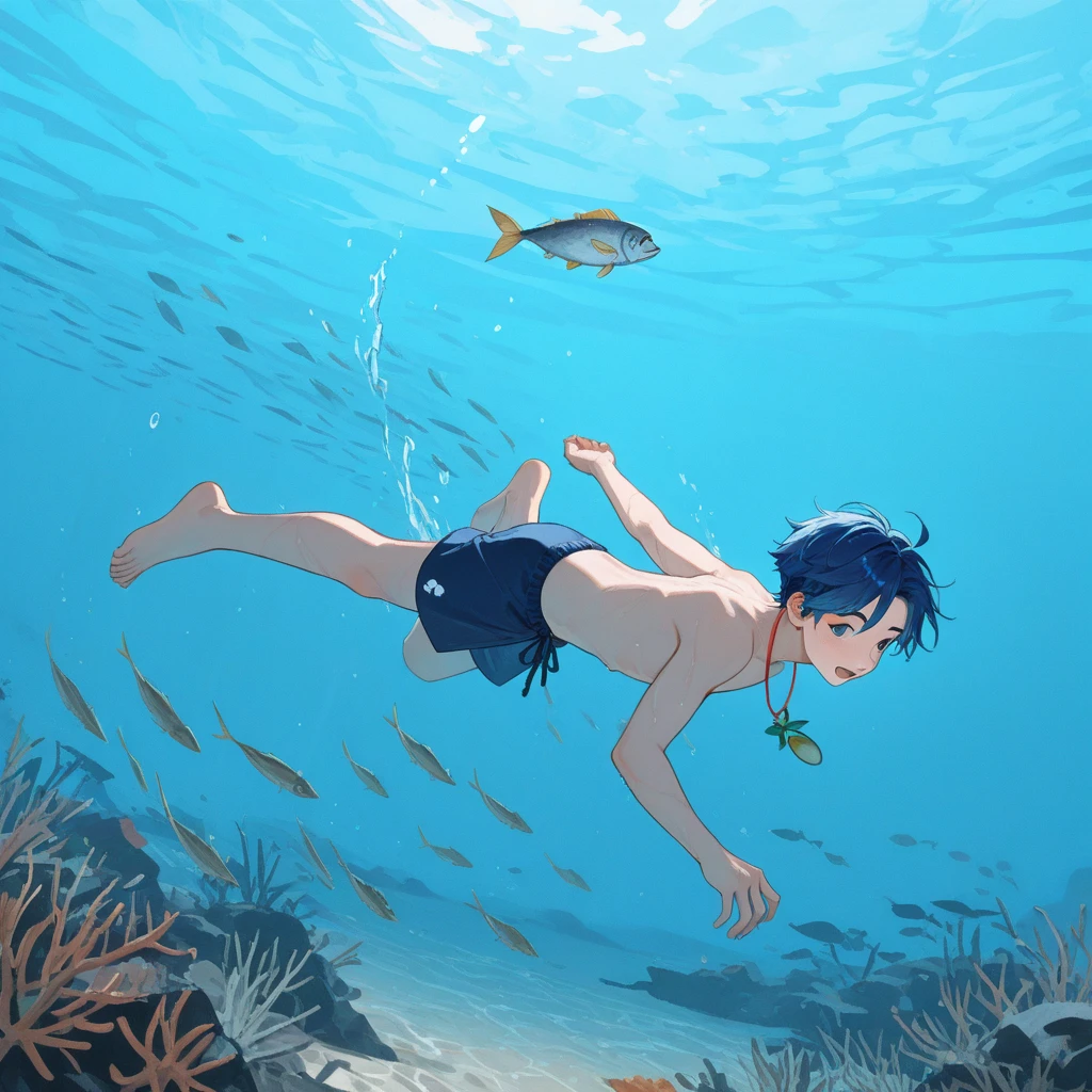highres, masterpiece, perfect anatomy, best quality,8k, perfect face, expressive eyes, 1boy, underwater, happy, swimming underwater, creative, underwater view, fish, official art, full body, looking away from viewer, trending on pixiv, swimming, floating, 3/4ths view