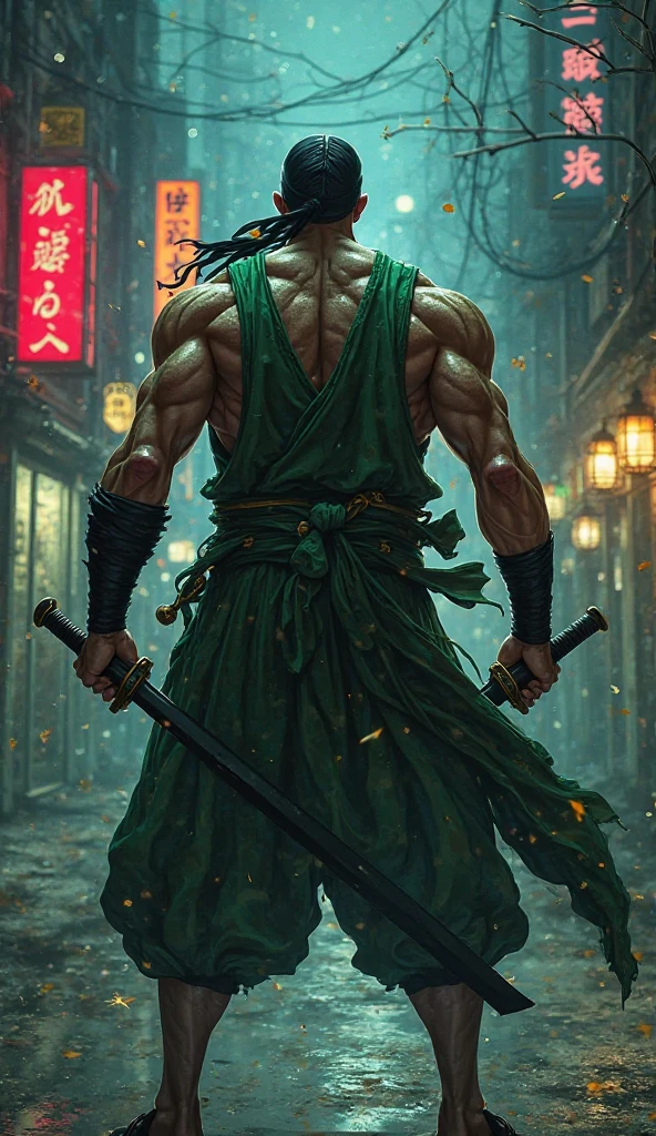 ReImagine Roronoa Zoro in the midst of battle on a deserted street. He wears his traditional green haramaki combined with black bands on his arms that highlight his bulging veins. Zoro wears a black headband tied around his left bicep, as is his custom when he is ready to fight seriously. His three swords are drawn, reflecting surrounding neon light as he faces invisible enemies in the shadows. dynamic front view, with Zoro in a powerful and determined pose,  ready to attack .