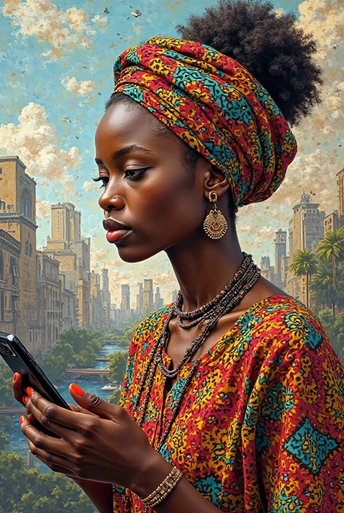 A polychrome painting titled "Hybridization" could feature a young woman wearing a traditional African dashiki, but with a smartphone in hand and a cityscape in the background. The woman's face could be fragmented into different cultural symbols, representing the complexity of her identity. The painting could also incorporate traditional African patterns and motifs, blended with modern digital art techniques. The overall effect would be a vibrant and thought-provoking representation of cultural identity in a globalized world.