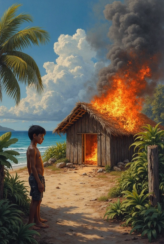A burning hut in a small island where in a boy next to it cried, landscape picture 