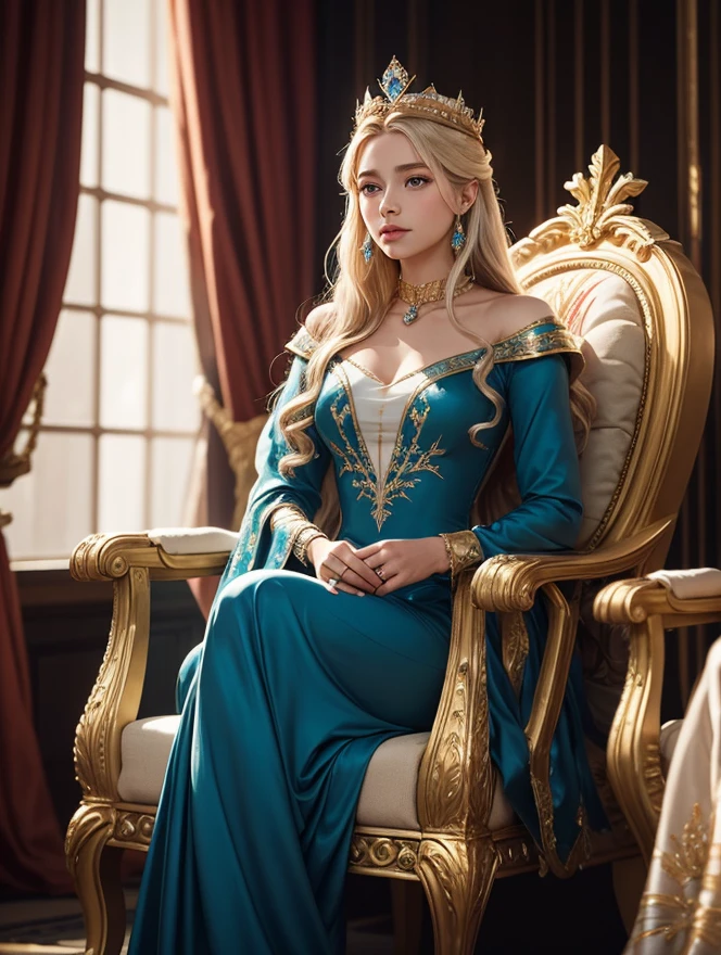 ((best quality)) ((artwork)) Appearance Details Species: Age: 20 Woman Hair: Platinum blonde, quite long and abundant Eyes: Blue Body: 5'5", light skin, lean and curvy Face: Young, beautiful, delicate features and full lips Features: Light pink lipstick Clothing: Simple white, sleeveless robe Pose: Sitting on Polaris' throne. Landscape: palace Art.