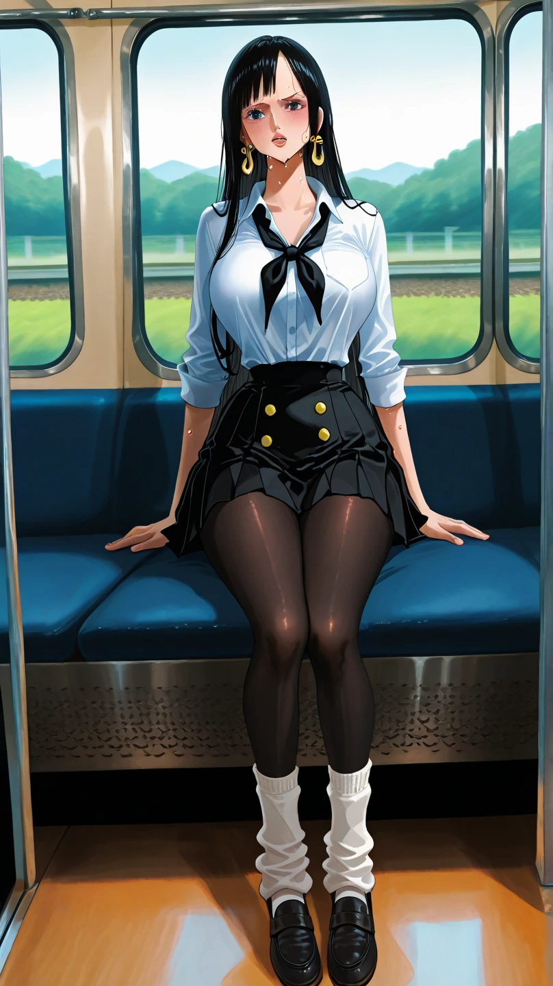 NSFW, photorealistic, top-quality, masterpiece, 1 Korean women , female only, ABSOLUTELY NO MALE, absolutely no men, VERY crowded female only subway train interior detailed scenario, VERY crowded Korean female only subway train interior detailed background, sitting fetal position down on subway chair insanely hot (woman 1), (blonde hair) using sexy ((school uniform)), (((lifted skirt revealing)), (thick thighs), (slightly neutral expression) (black tights pantyhose), (showing feet), slightly blushed face,