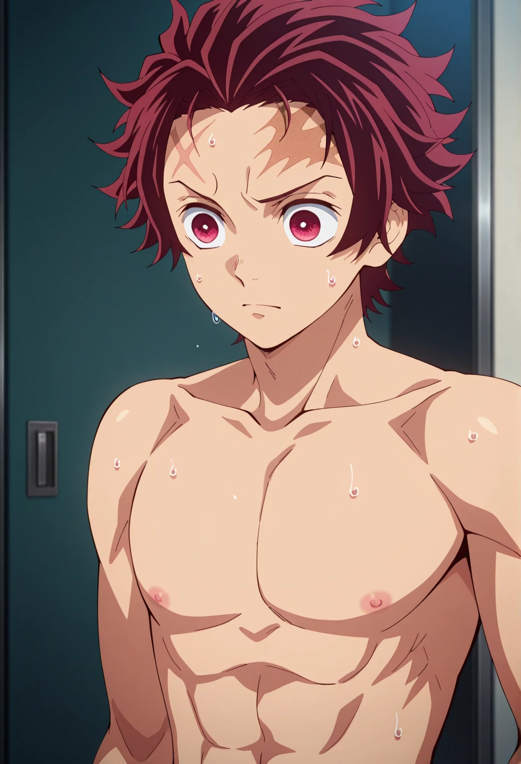 Highres, Masterpiece, Best quality at best,Best Quality,hight quality, hight detailed, Anime style, 1boy, Shota, Young boy, Solo person, red hair, Straight hair, Shirtless, Upper body, Seen from the front, looking at viewer, (Very young boy), (very small and short body), 12-year-old boys, (Showing armpit:1.3), Cute boy, Uhd, bokeh, Simpele beckground, 8k, wallpaper, best quality, beautiful lighting, intricate details, masterpiece, detailed, hyper detailed, best quality, ultra high res, high resolution, detailed, raw photo, detailed face, detailed eyes