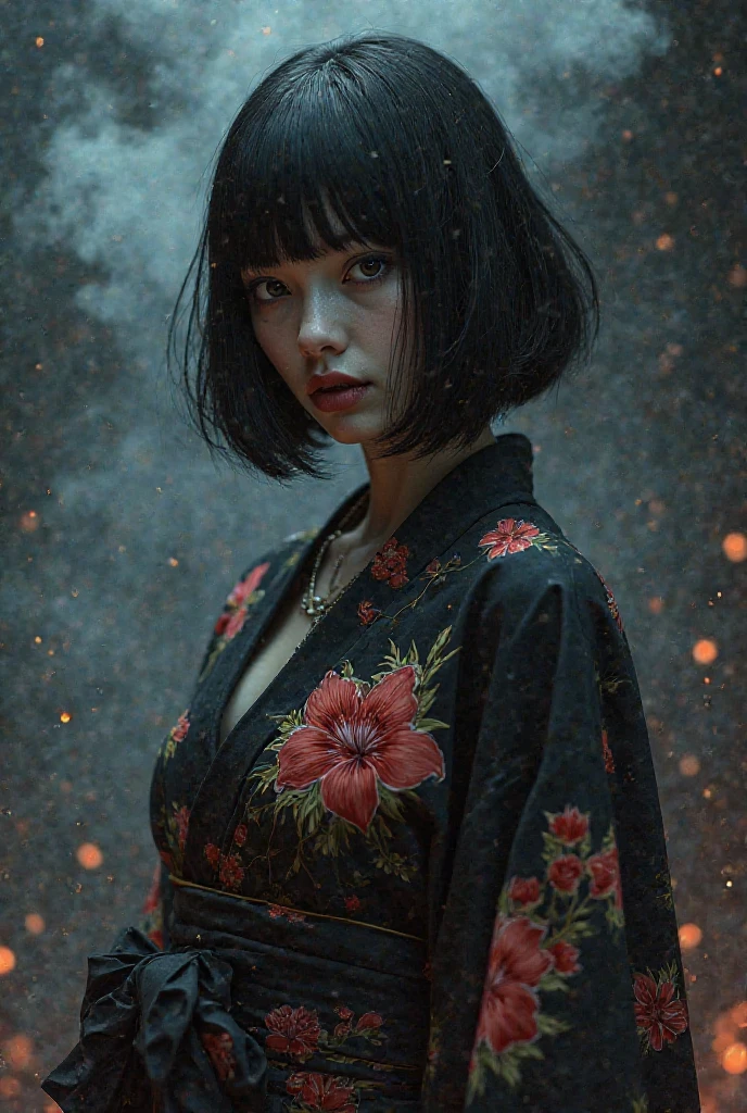 masterpiece, best quality, ultra detailed. 1man,  bob cut, black hair, blunt bangs, blunt ends, black kimono, amaryllis print, night sky. test a " Fate Villain ". Spark Smoke, high detail. 8k