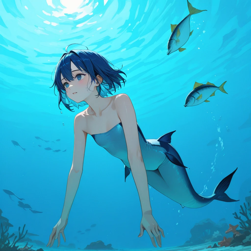 girl using bikini, sit on rock under the sea , on under water, blue hair, zoom on character, fish and sea creatures