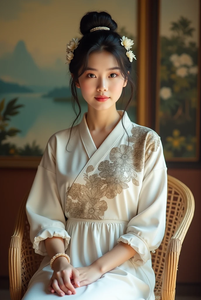 Realistic photo of a young beautiful woman chubby gemoy asian, round and beautiful eyes, wears white cotton dress with batik motif, bun hairstyles dg batik accessories, sitting gracefully on a wicker chair. Back ground painting