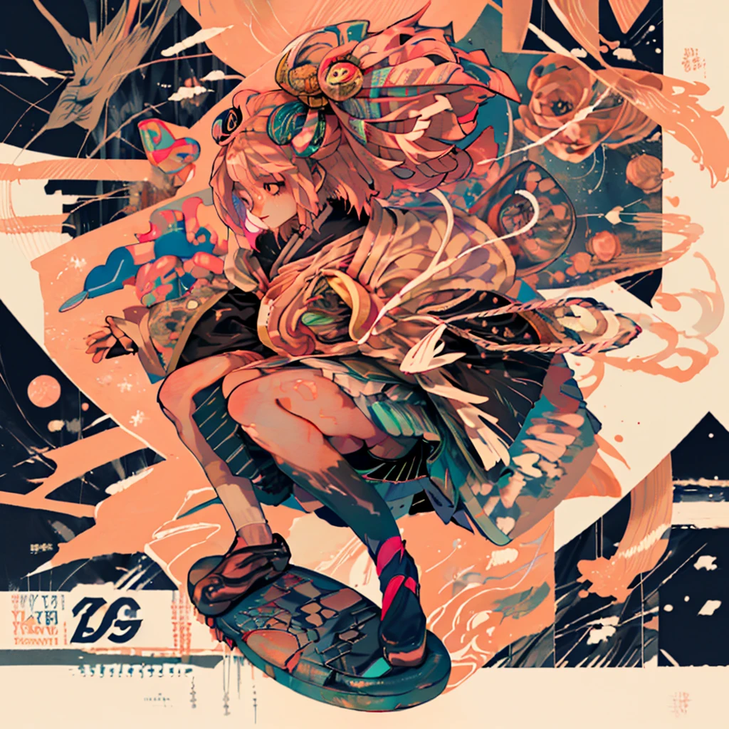 background, mixed-language_text, Japanese letters in graffit, girls, long blonde hair, excellent lighting, sidelighting, perfect ultimate (flat color: 1.3), (magazine_cover: 1.4), (multicolored_background: 1.3), striped_background, card_background, :: comix style by joe madureira :: circular pieces of white metals glued to the ultra detailed arms coming out sparkling shine, perfect and detailed, ultra detailed shirt with abstract design and with Japanese letter print in graffit of the sides of clothing, image of girls with big breast, on top of a futuristic motorcycle, with immersive effects, hover effect, background graffiti style tribal tattoo with flowers and vibrant colors, "ultra HDR" detailed and with focus effect, (masterpiece: 1.2, best quality), (beautiful eyes with huge eyelashes finely detailed: 1.2), , ((Solo)), (Finely detailed eyes and detailed face: 1.3), in various full-body attack poses, (cute background: 1.2),futuristic costume, super detailed circular metals Clinging to the arms and pants, fantastic paintings
