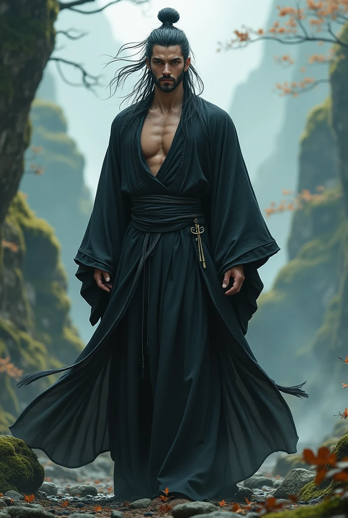 Crie um taoista,  has black hair,  black eyes, Wears a black robe with gray details, And he's very muscular,