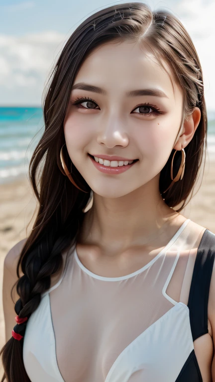table top, highest quality, realistic, super detailed details, finely, High resolution, 8k wallpaper, (1 female), Beautiful woman、korean style makeup、sharp face、small face、droopy eyes、firm chest、cleavage、Light brown fluffy long hair, (Overwater cottages in the Maldives,Crystal clear sea seen from the window, Views with white sand beaches and palm trees)、highly detailed background、sharp focus, perfect dynamic composition, beautiful and detailed eyes, Detailed realistic skin texture, smile, on the road、brown pupils、Swaying earrings、 necklace、Show 1'~ side、