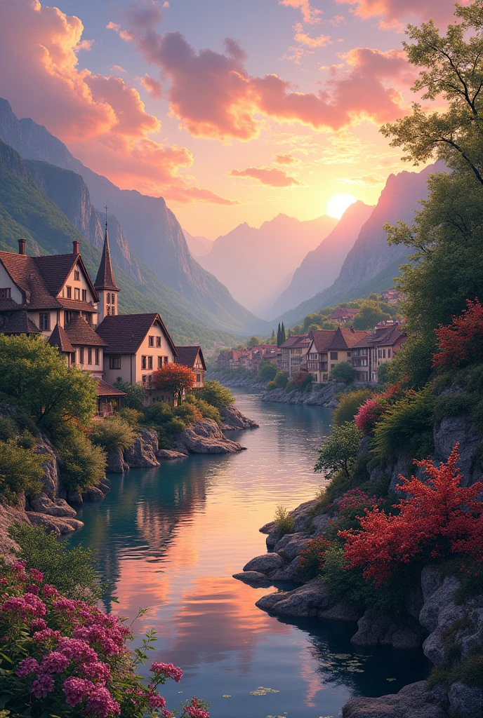 A small town by the river, mountains in the background, colorful floral flowers, detailed landscape, beautiful natural landscapes, atmospheric lighting, scorching sunset, warm colors, practical, photographic, detailed foliage, complex buildings, cobblestone street, charming country house, vibrant colors, lush vegetation, reflections in the water,  picturesque, idyllic, artwork, best quality, 8K, colors, anime style