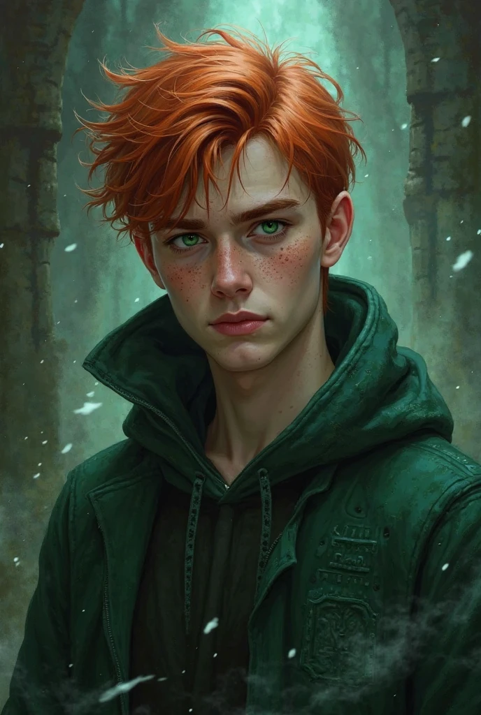 A Slytherin boy, Serious, Handsome guy with red hair green eyes and freckles 