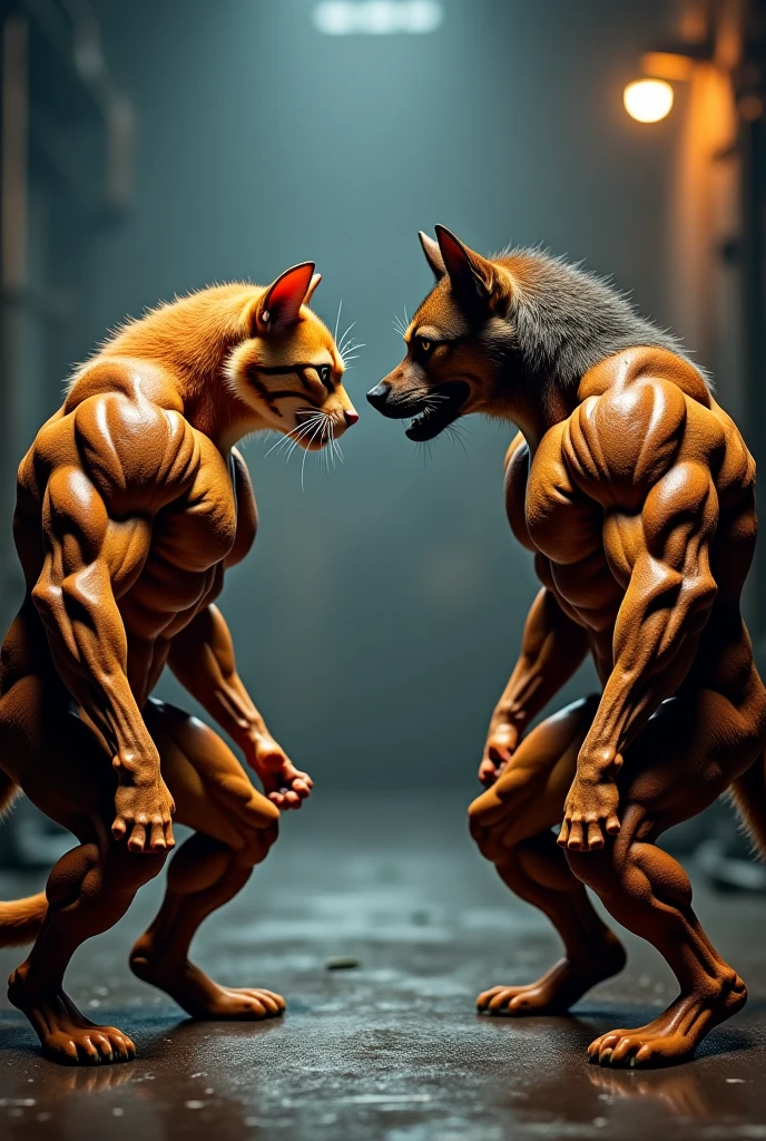 In the 'Meow Gym,' both the cat and dog bodybuilders are visibly exhausted and battered from their intense fight. The muscular cat, with fur slightly ruffled and a few scratches, stands panting, one paw clutching a bruised shoulder. The dog, equally worn out, has a few visible cuts and is breathing heavily, but both opponents maintain a look of respect and determination. Around them, the gym-goers—cats and dogs alike—watch in concerned silence, their earlier excitement replaced by a sense of worry for their friends. The scene captures the aftermath of a fierce battle, with both fighters showing the toll of their clash but also their resilience