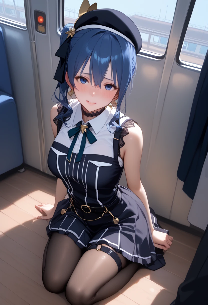 Girl with long navy blue hair 、Wearing a beret、Eye color: yellow、She has a mole under her eye and wears a frilly military lolita uniform with a heart-shaped opening on her chest.、Exposing her breasts、On the boat