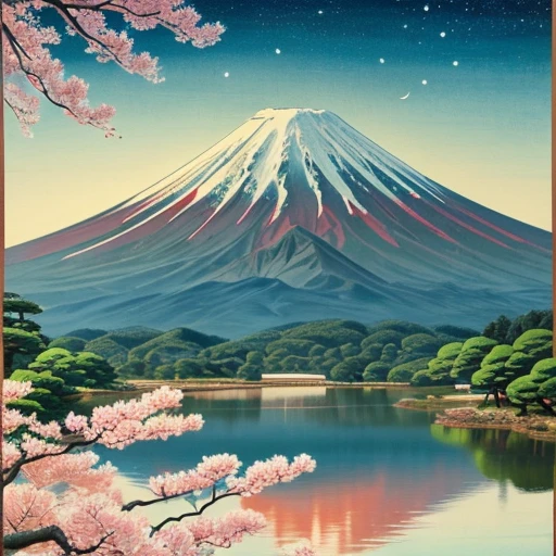 a close up of a painting of a mountain with a tree, mount fuji on the background, japanese art art, mountain fuji on the background, traditional japanese art, japanese art, japanese art style, fuji choko, japanese art on behance, mount fuji, classical japanese art, mount fuji background, japanese print art, traditional japanese painting, japan poster