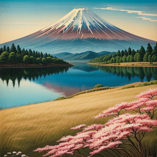 a close up of a painting of a mountain with a tree, mount fuji on the background, japanese art art, mountain fuji on the background, traditional japanese art, japanese art, japanese art style, fuji choko, japanese art on behance, mount fuji, classical japanese art, mount fuji background, japanese print art, traditional japanese painting, japan poster