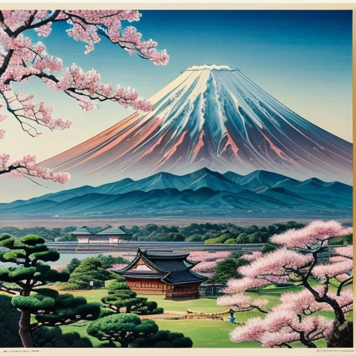 a close up of a painting of a mountain with a tree, mount fuji on the background, japanese art art, mountain fuji on the background, traditional japanese art, japanese art, japanese art style, fuji choko, japanese art on behance, mount fuji, classical japanese art, mount fuji background, japanese print art, traditional japanese painting, japan poster