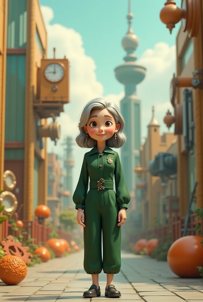 	• Middle-aged or elderly woman
 • Medium, Average
 • Architecture and engineering as a theme
 • Cute 3D style dark green outfit