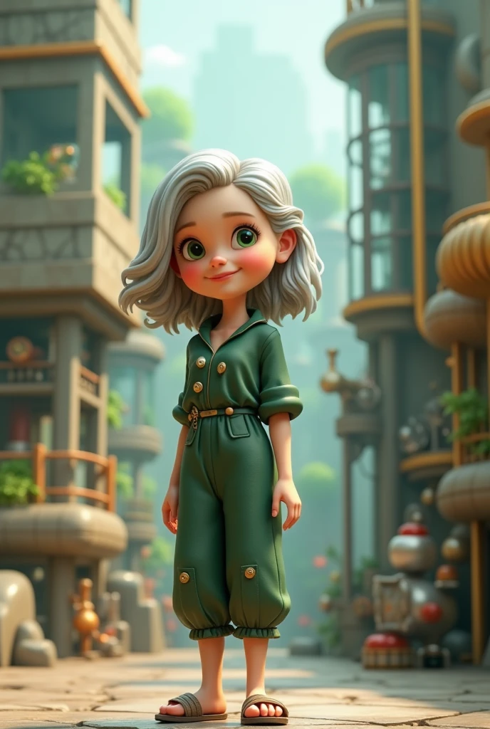 • Middle-aged or elderly woman
• Medium, Average
• Architecture and engineering as a theme
• Cute 3D style dark green outfit