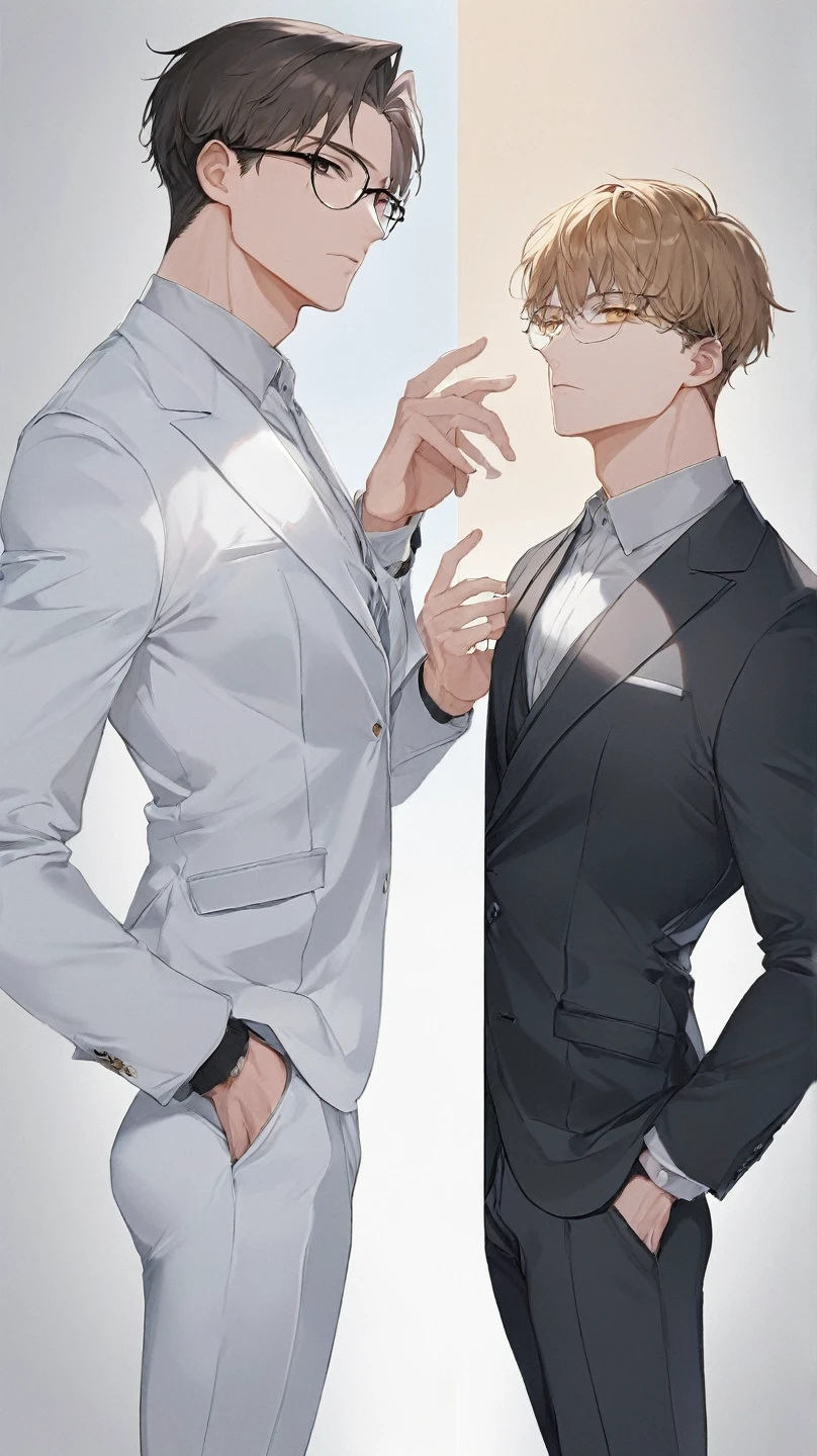 best quality, masterpiece, yaoi, 2boys, handsome young man with curtain bangs wearing black business suit, embarrassed expression, older gentleman pushes him against elevator while stroking his hair, kabedon, in elevator, cinematic lighting, dramatic shadows