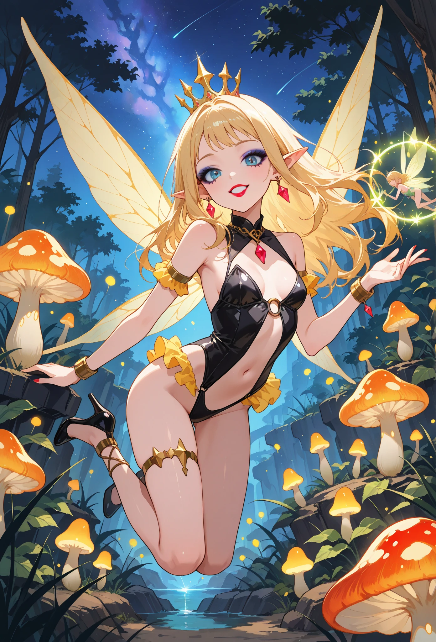 elf, masterpiece, best quality, hyper detailed, good anatomy, perfect anatomy, wedding ring on left ring finger, long hair, big breasts, expectant smile, pointy ears, blonde hair, green eyes , beautiful face, blush, beautiful eyes,24 years old, mature woman, perfect hands, perfect fingers,
skinny, white skin, (sweat),
amazing beauty,girl,masterpiece,highest quality,very detailed,8K,high resolution,((huge beautiful butterfly wing)), ((Giant rainbow butterfly wings,shining and emitting light with psychedelic colors)),flying in the sky, glowing scales, blast,(sky-blue colorful rhythmic-gymnastics-leotard),highleg　Leotard,turtleneck,rainbow print,bare foots,sandal,((full body shot:1.4)),looking at viewer,midnight,(Berlin),