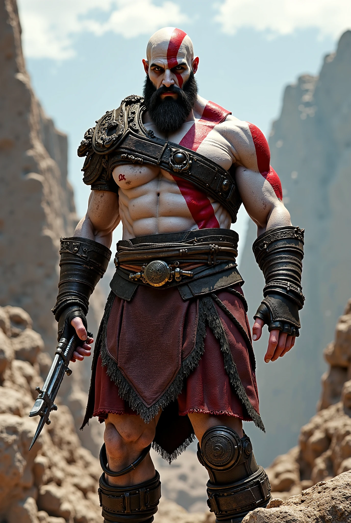 "A detailed 3D model of Kratos, the protagonist of 'God of War', portrayed in a heroic pose. He is holding his iconic twin swords, both enveloped in burning flames. Kratos has his characteristic determined expression and is dressed in his characteristic armor., which should reflect realistic details, like metallic textures and intricate patterns. The pose and scale of the model must be adjusted to harmoniously fit into a porcelain mug, ensuring every detail is visible and impressive."