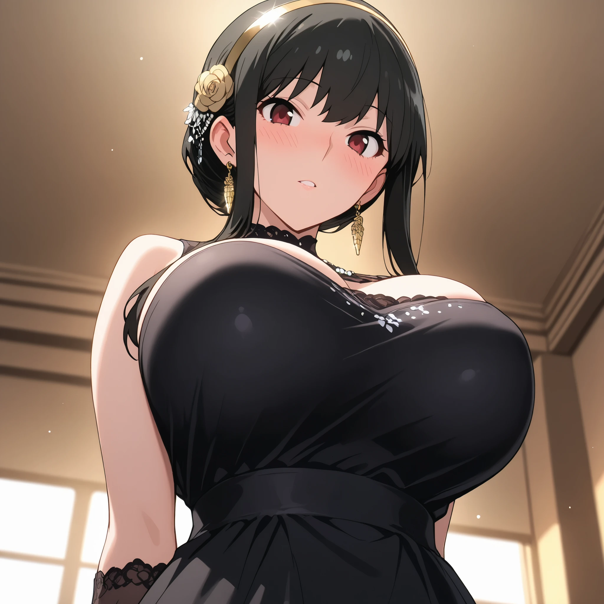 yor forger,1girl,solo,mature,earrings,sidelocks,bangs, dress, black dress, earrings,jewelry, looking at viewer,gloves,hair ornament, sidelocks,gold hairband,gold earrings,rose, hair ornament, black hair, from below, arms behind back:1.4), breast, ((cute breast)), ((round breast)) (blush), 8k masterpiece, (((1girl, solo))) adult, mature, +18,