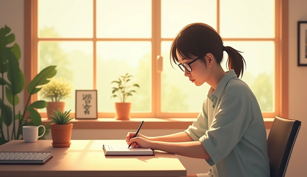 Japanese person journaling their savings progress in a bright, minimalist study room.