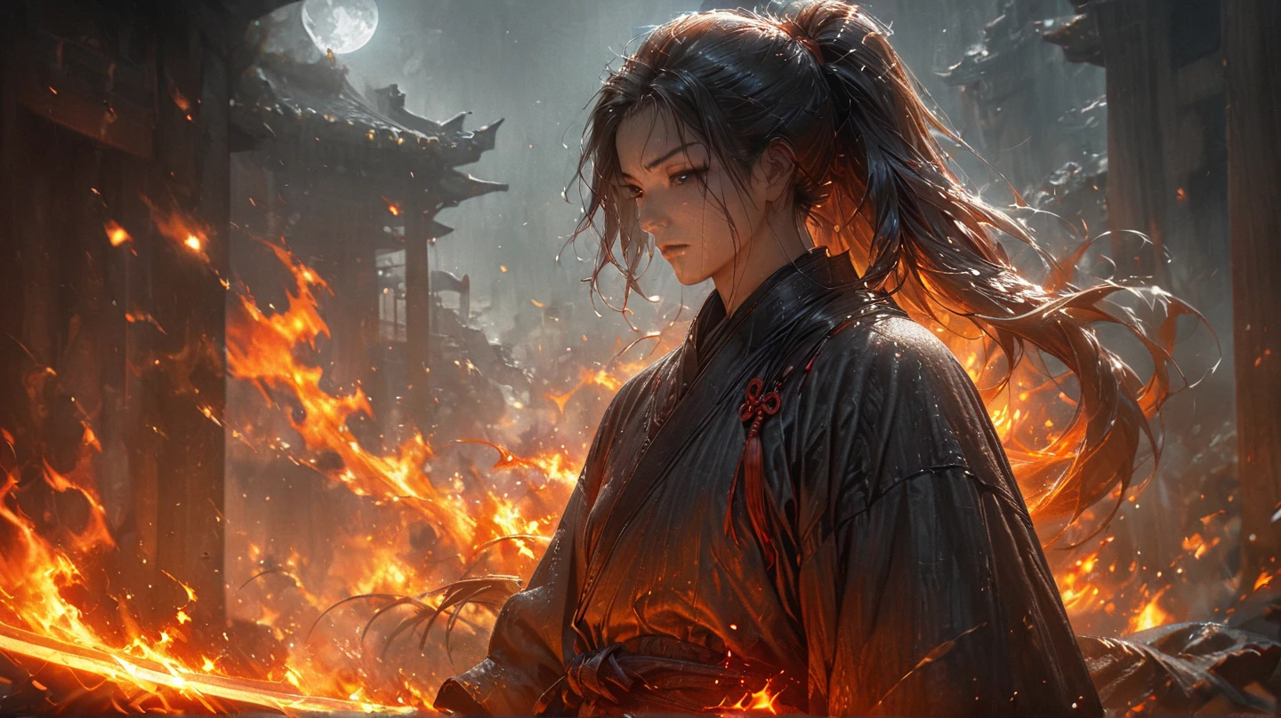 Best quality, masterpiece, ultra high res,detailed background,realistic,illustration,solo,1boy,Long hair in a ponytail，black eye，black chothes, chinese swordman, wind, fire, moon,