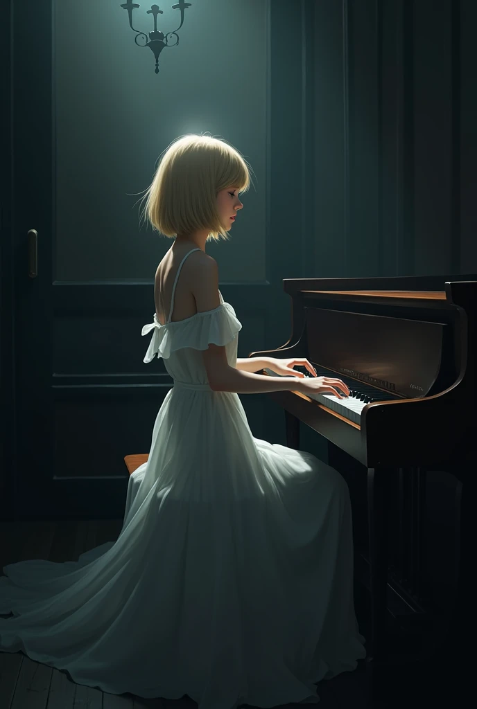 A , who wears a white dress and is playing a piano in a dimly lit room. She has short blonde hair up to her shoulders, The angle is  her
