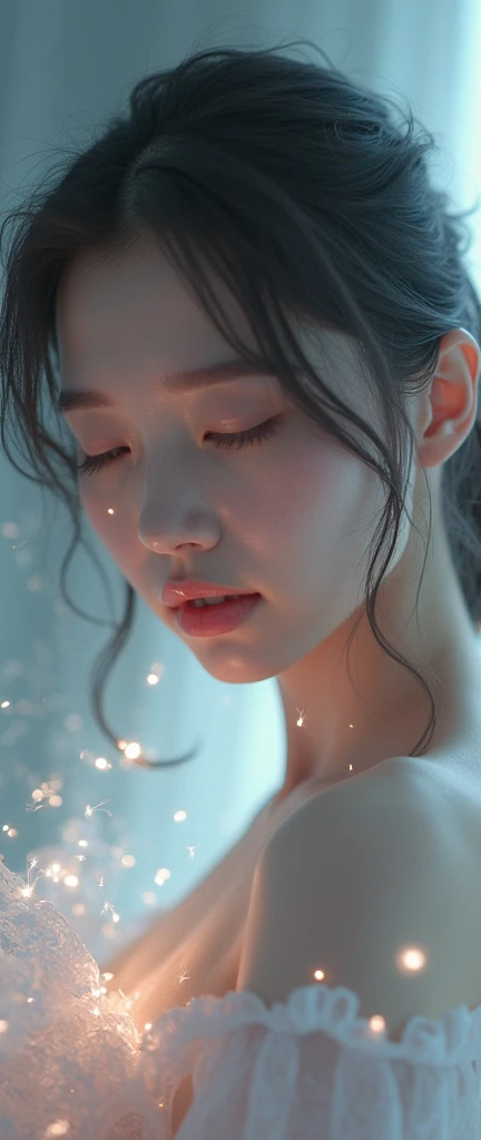 Woman lying on sofa:1.2、(heavy rain outside the window:1.2)、House in the forest、(huge window:1.2)、(Dark Private Studio, Dark, Atmospheric light: 1.2)、bustshot、(facial close-up:1.2)、tilt the neck、Soft lighting、Absolutely excellent images, very extremely beautiful、masterpiece, top-quality,kawaii、20 year old girl、Realistic young cute idol、8k、( face perfect)、(perfect hand)、Puritanism