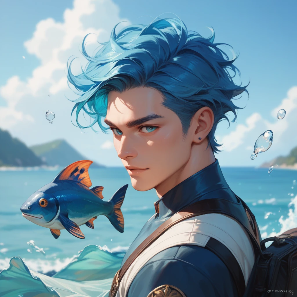 A man with a sculpted body half a fish , blue hair , coming out of the sea .