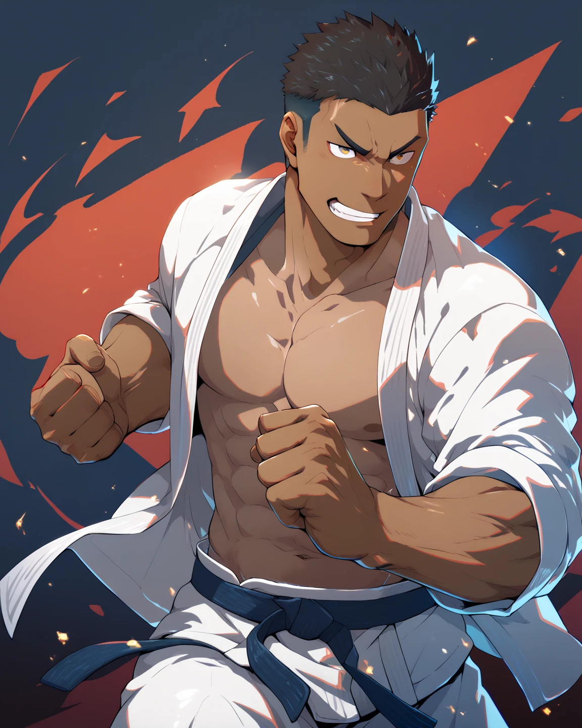 高品質,anime,man,(((dark tan skin))),(crew cut),black hair,筋肉質,pure male