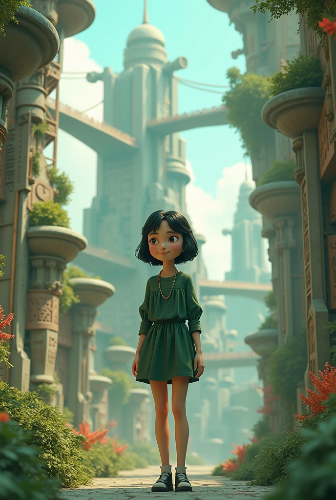 	• Middle-aged woman 
 • Black hair, Average
 • Architecture and engineering as a theme
 • Cute 3D style dark green outfit