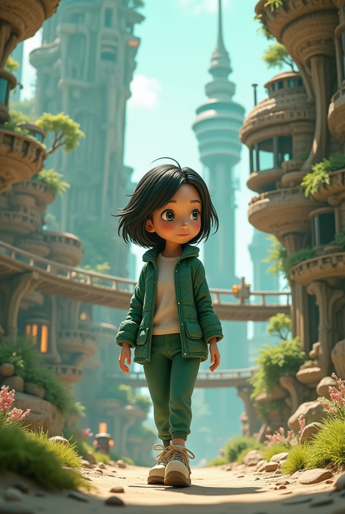 	• Middle-aged woman 
 • Black hair, Average
 • Architecture and engineering as a theme
 • Cute 3D style dark green outfit