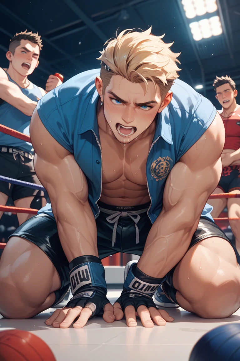 highest quality, 8K, high resolution image, anime style Jujutsu Kaisen, detailed strokes, dark skin, bored look, blurry, purple light reflecting from it, (close angle), 1 man, male, model, cool guy, athletic type, multicolored background with different geometric shapes, around stickers, muscular, light blonde hair, mint colored eyes, short hair, light blonde spiky hair, puffy chest. He wears dark gray boxer shorts and boxing gloves, strong muscular build, confident expression, fighting stance, shaved body, gold link chain, background: Large hall, boxing event, he is in the ring, against a dark background, HDR lighting, bright colors, photorealistic effect