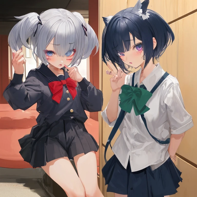(cute eyes:1.2), (sparkling eyes:1.2), (8K、Best image quality、highest quality、masterpiece)、Detailed face、(2 girls)、Improve、(white hair, pink eyes, short hair, straight hair, nekomimi)、(open mouth), (embarrassed), (skinny body:1.3),(midium breasts), (sailor uniform:1.2), Sit on a chair, Classroom Background, (black stockings:1.1), (Thighs:1.2), (Waistline:1.1),(close-up shot of bust), (from above:1.2)