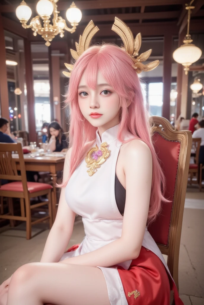 (soraka league of legends), yellow dress, pink skin color, bared shoulders, very long hair, looks seductive, posse sexy, high resolution, super detaill, 8k, in a dark place, Overview