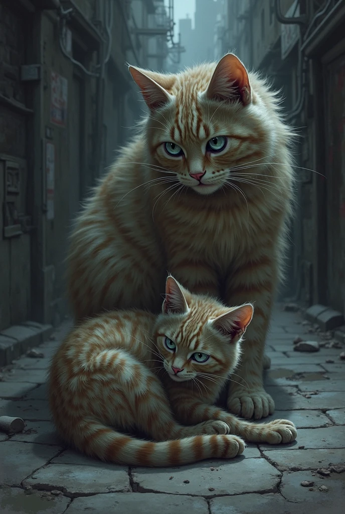 a poor cat living on the street and starving and it cry and a big cat saw the poor cat and the big cat took the poor cat