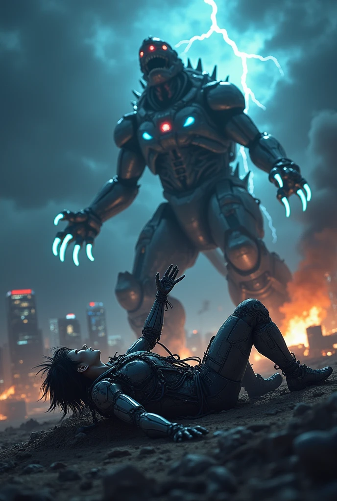 A giant mud monster destroys the city, Alien fighting monsters, Broken robot on the ground, A man in a blue suit runs away, Monster in the center of the image, Lying down image, Flying sheep, Better Quality.