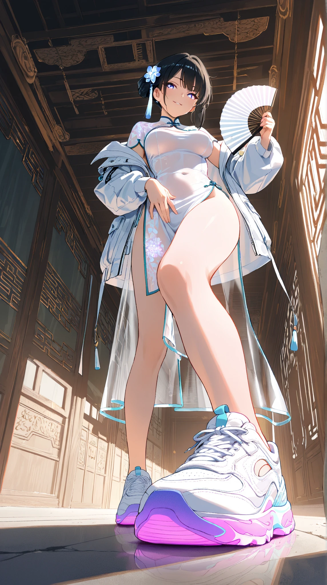 ((above shoulder，facial closeups))， Bigboobs， looking at viewert， ultra-realistic realism, Ghibli-style colors,  Ghibli-style colors, japanese manga,  Standing Picture, angle of view,  foreshortening, foreshortening, 8K, super detailing，All women have big breasts,Endless realism, cellshading,，character sheets, reference sheet, Standing Picture, 8K, super detailing, 1080p, Women HD，femele, 16k, A high resolution, Best quality at best, high high quality, Anatomically correct, tmasterpiece, Acura, hyper HD，as elegant as a swan，unreal-engine， Ghibli-style colors,   japanese manga,  Standing Picture, angle of view,battle armor，ssee-through，Lace skirt，Blue hair，red - eyed，Sexy big breasts，Transparent tulle clothes