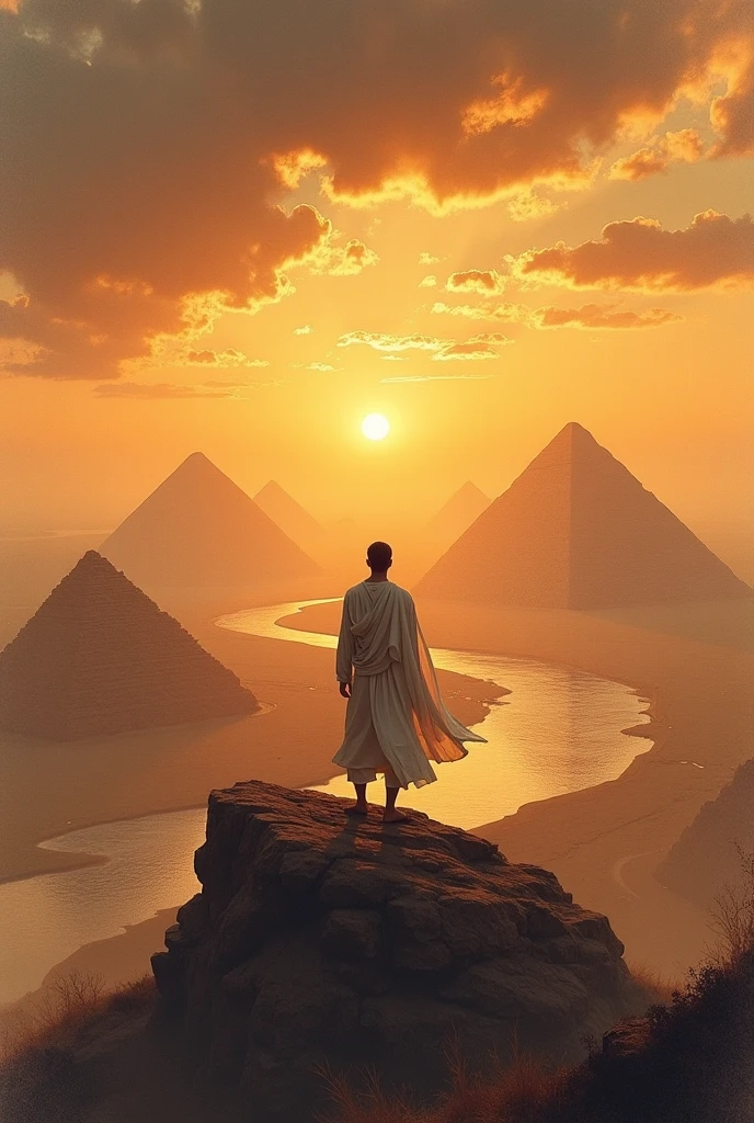 Create A figure stands out atop a rocky outcrop, contemplating a vast landscape bathed in the golden tones of a sunset in the Flux watercolor style. Dressed in a flowing robe with flowing sleeves,  stands with his back to the observer , suggesting a moment of contemplation or destiny. Abaixo, faint contours of pyramids rise from the earth, with a sinuous river reflecting the dramatic sky, where bands of orange and gray clouds are mix.  The atmosphere is dense , with an ancient and mystical quality, evoking a sense of wonder and history in this cinematic setting that seems to unite the earthly and the divine. The scene captures a pivotal moment, imbued with anticipation and meaning, resonating with an epic narrative of exploration and purpose.