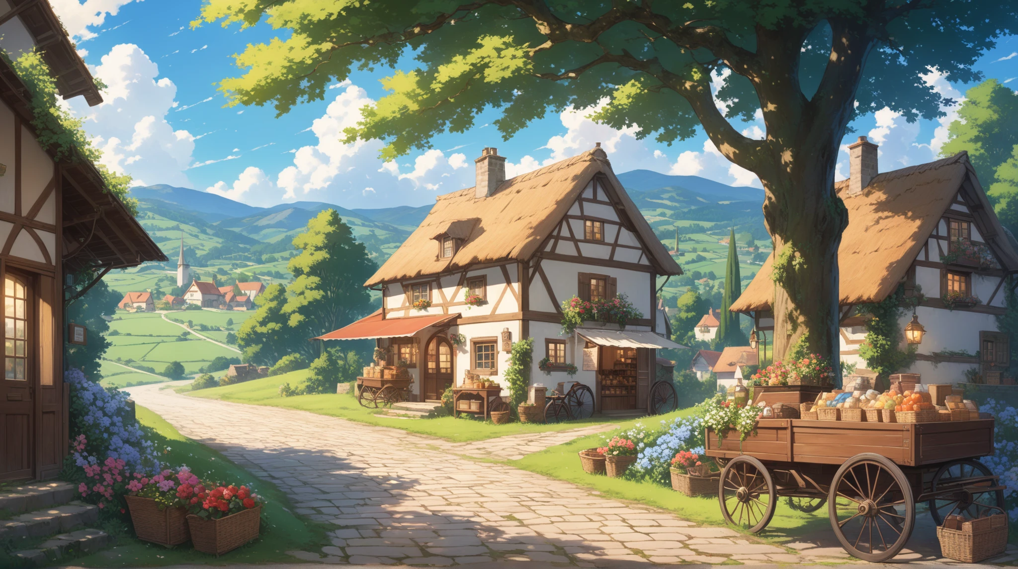 masterpiece, best quality, serene European countryside landscape, early 20th century rural village scene, charming general store next to a large tree, delicious-looking goods displayed beside the entrance, vintage wooden façade, cobblestone path, people in period clothing, bicycles parked outside, rustic carts with goods, vast green fields, gently rolling hills, picturesque cottages with tiled roofs, clear blue sky, fluffy white clouds, vibrant colors, lush greenery, blooming flowers, tranquil and nostalgic atmosphere, highres, 4k, 8k, intricate detail, cinematic lighting, amazing quality, amazing shading, soft lighting, detailed illustration, anime style, wallpaper, atmospheric, idyllic, peaceful, breathtaking visual